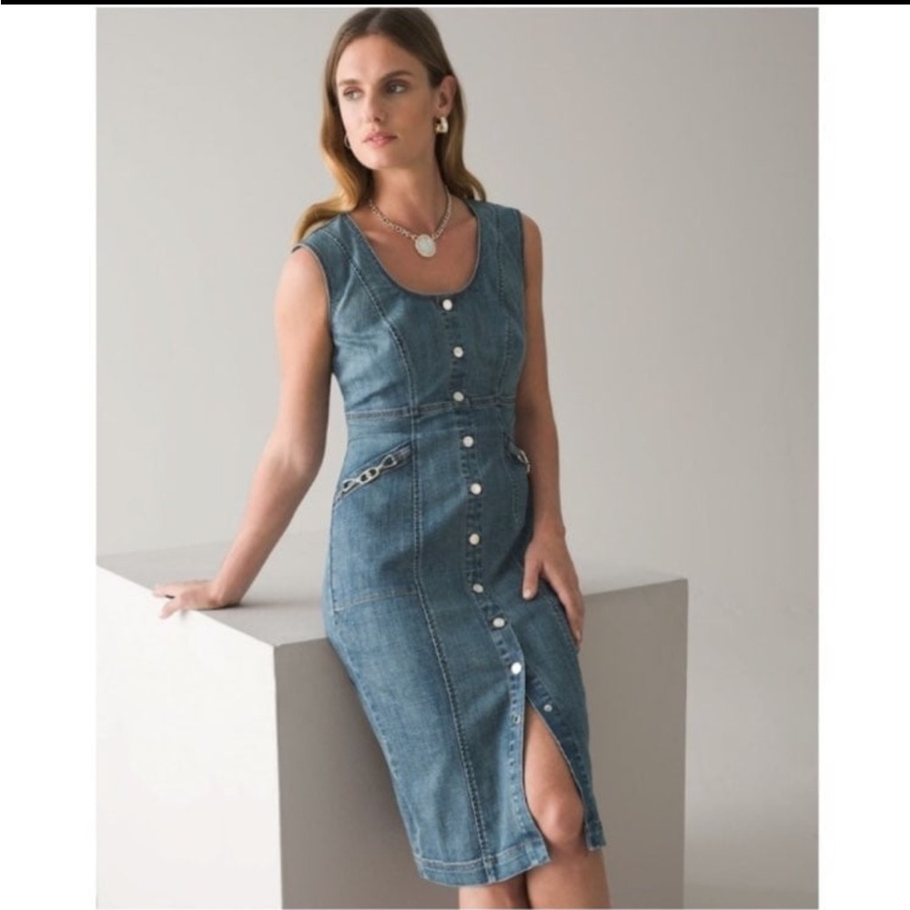 White House Black Market Sleeveless Denim Sheath Dress Scoop Neck Back Zip Sz 14 - Picture 3 of 16